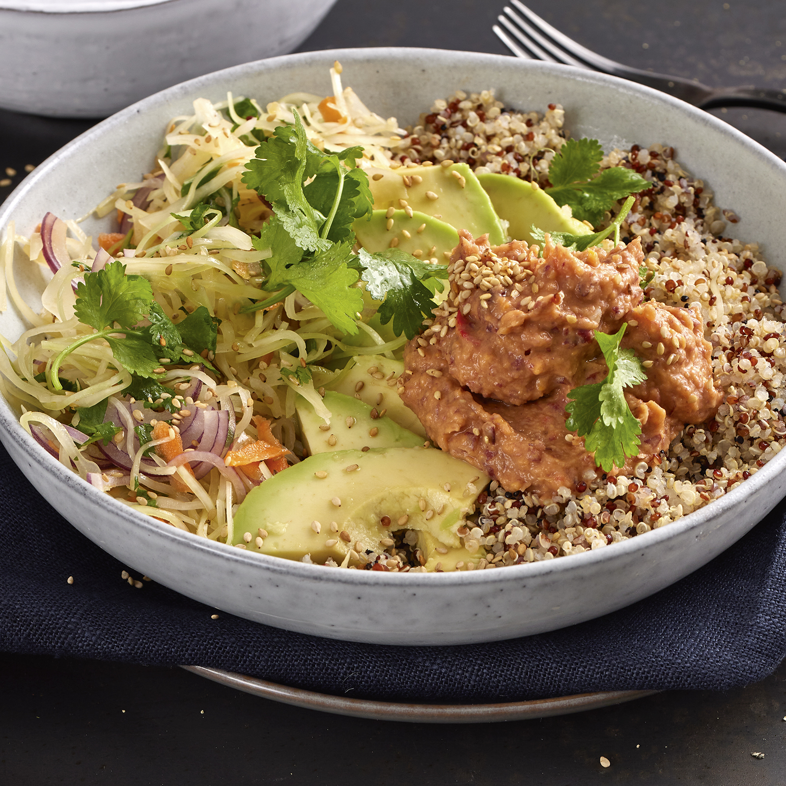 1 22 Bowl Mit Weisskohlsalat Quinoa Und Bohnendip 1600x1600px