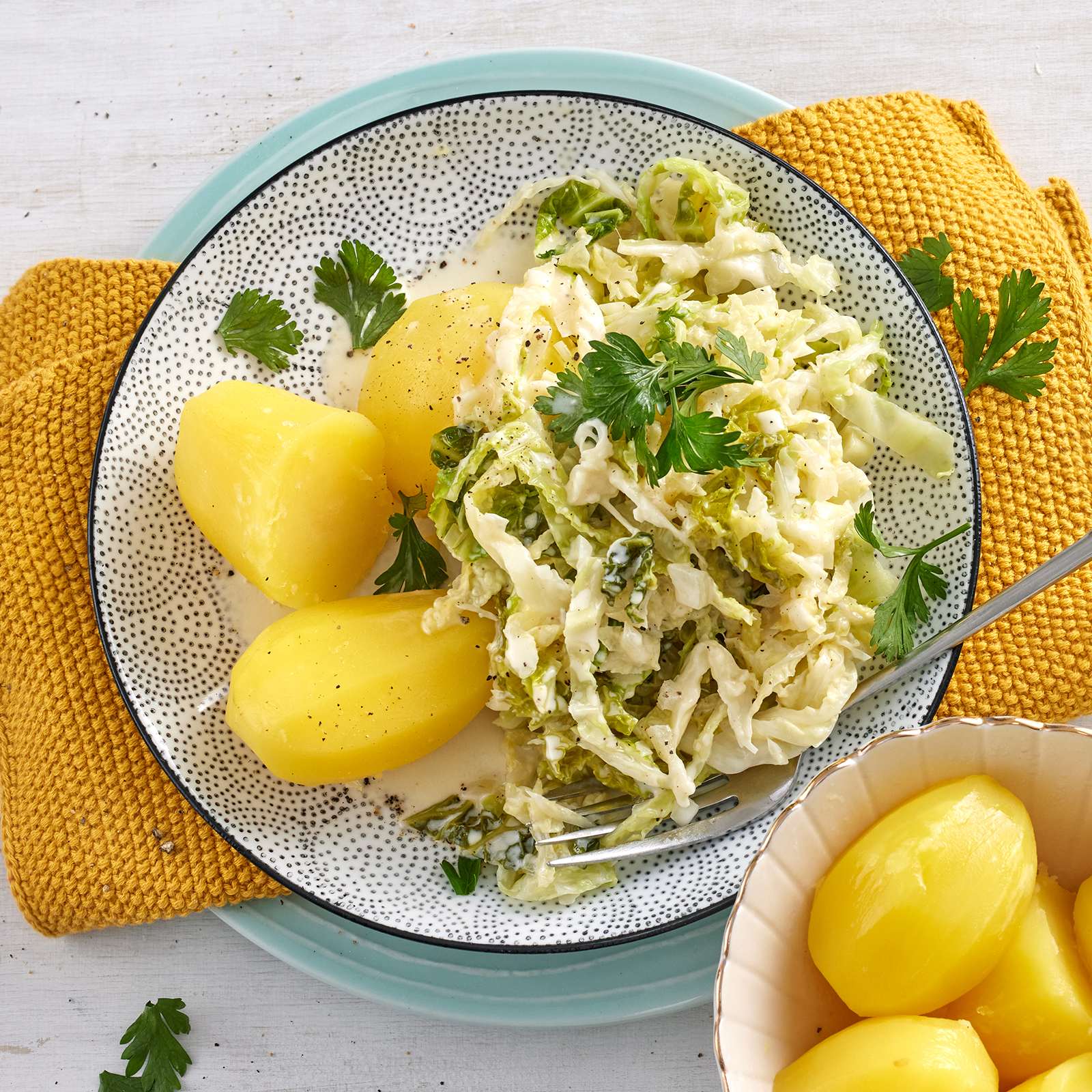 1 25 Wirsing In Cremiger Kaesesosse Mit Salzkartoffeln 1600x1600px