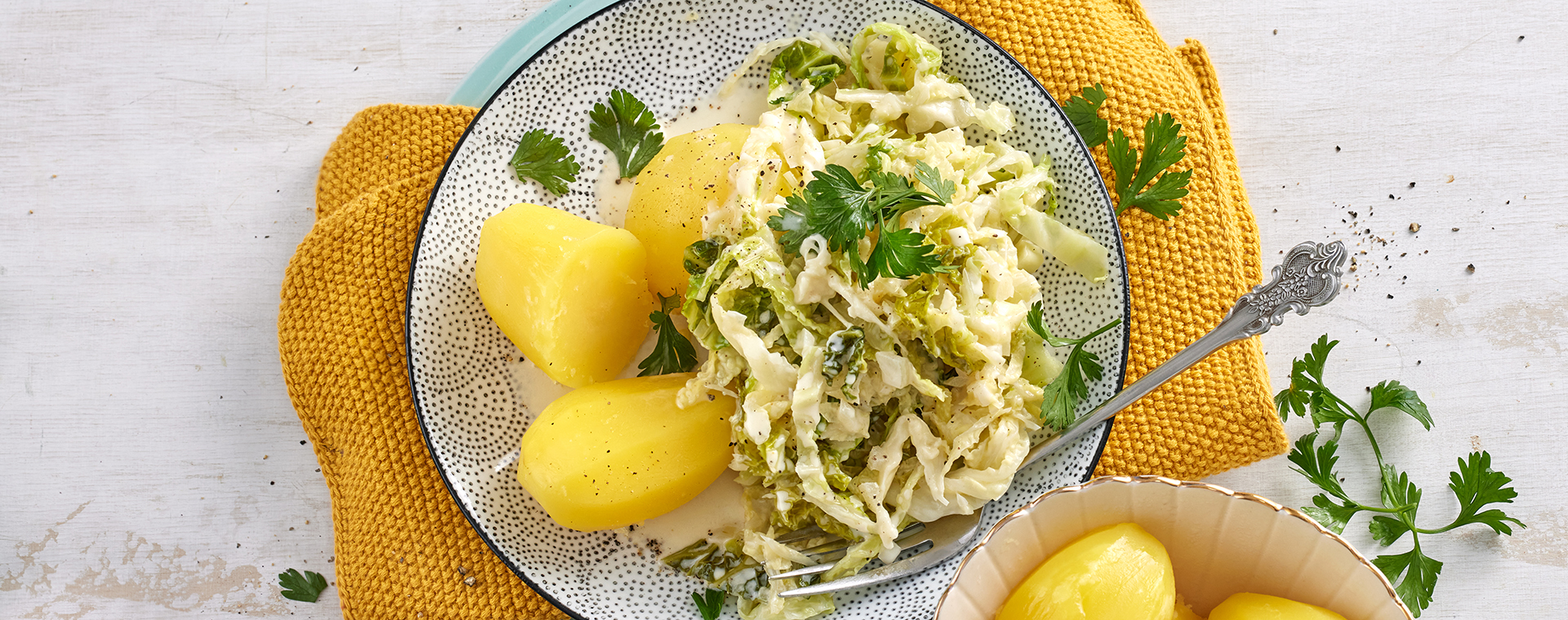 1 25 Wirsing In Cremiger Kaesesosse Mit Salzkartoffeln 1920x760px